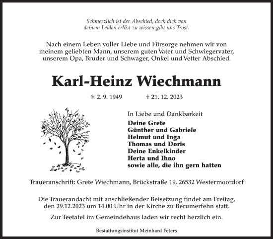 Traueranzeige von Karl-Heinz Wiechmann von Ostfriesischer Kurier