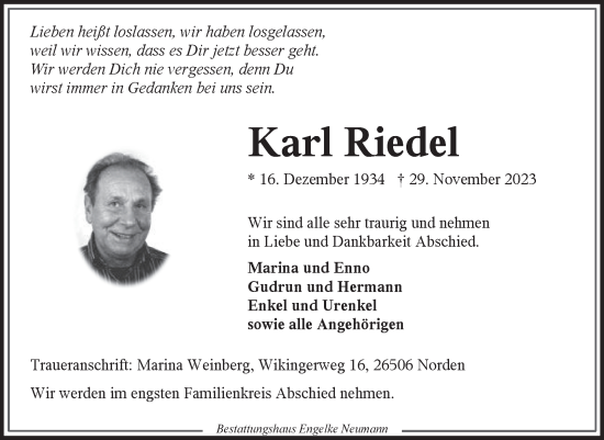 Traueranzeige von Karl Riedel von Ostfriesischer Kurier