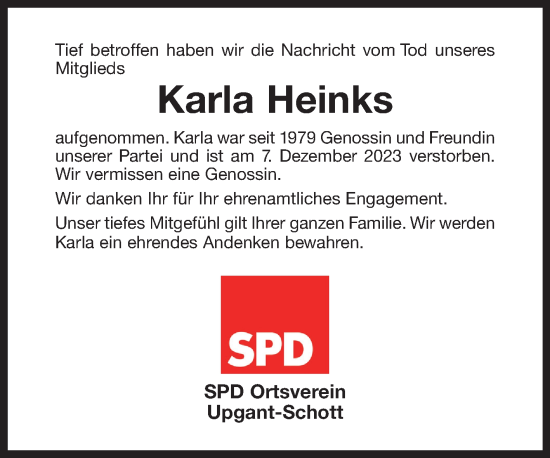Traueranzeige von Karla Heinks von Ostfriesischer Kurier