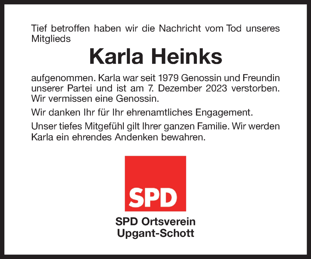  Traueranzeige für Karla Heinks vom 12.12.2023 aus Ostfriesischer Kurier