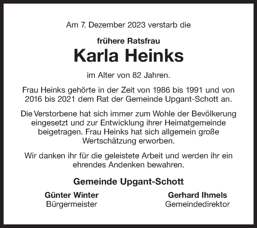  Traueranzeige für Karla Heinks vom 13.12.2023 aus Ostfriesischer Kurier
