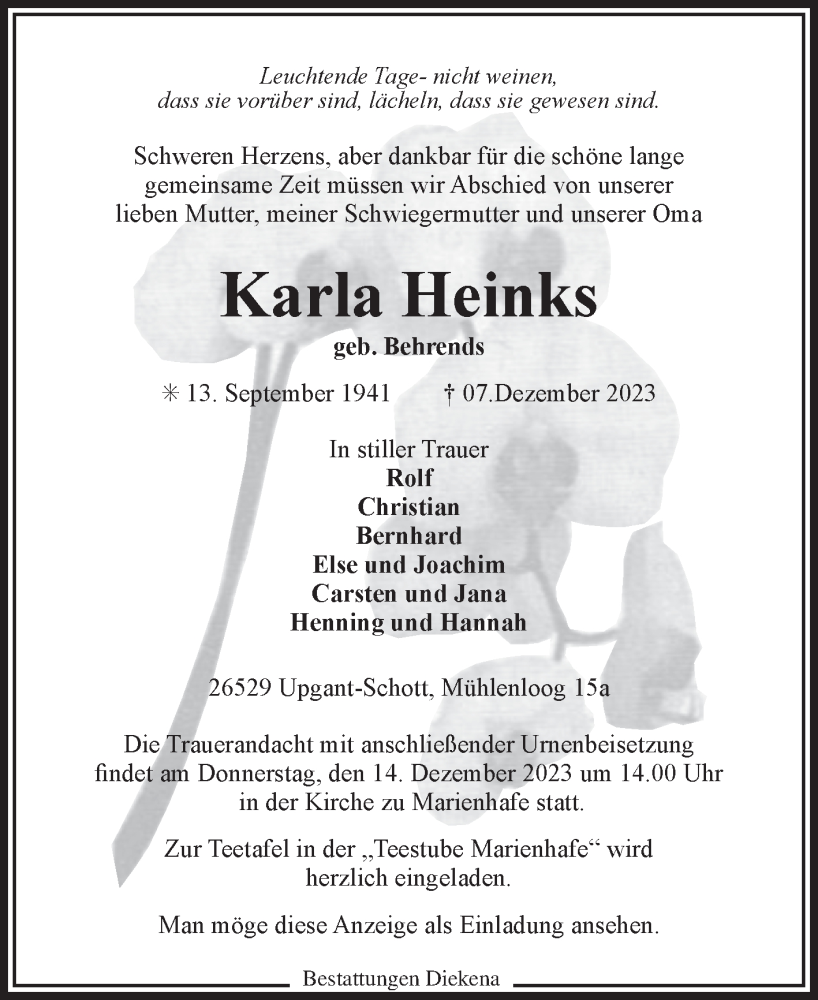  Traueranzeige für Karla Heinks vom 09.12.2023 aus Ostfriesischer Kurier