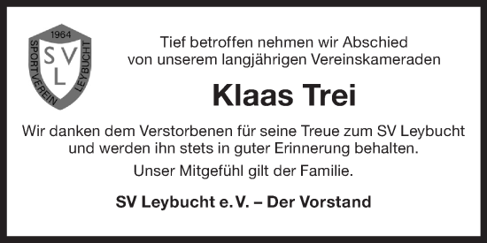 Traueranzeige von Klaas Trei von Ostfriesischer Kurier