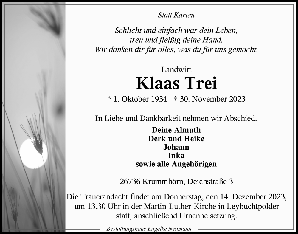  Traueranzeige für Klaas Trei vom 04.12.2023 aus Ostfriesischer Kurier