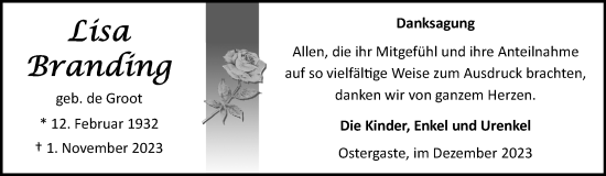Traueranzeige von Lisa Branding von Ostfriesischer Kurier