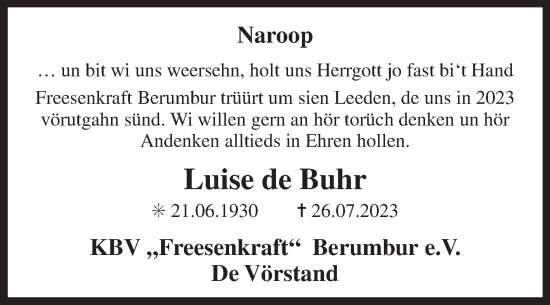 Traueranzeige von Luise de Buhr von Ostfriesischer Kurier