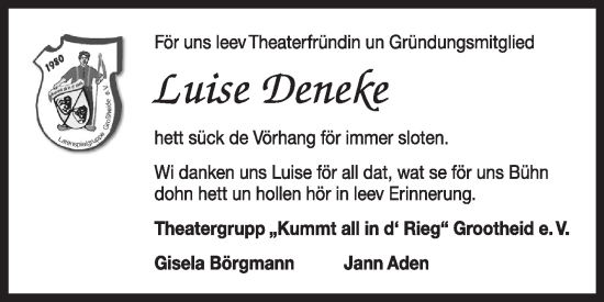 Traueranzeige von Luise Deneke von Ostfriesischer Kurier
