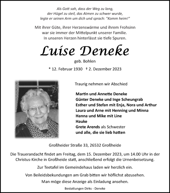 Traueranzeige von Luise Deneke von Ostfriesischer Kurier