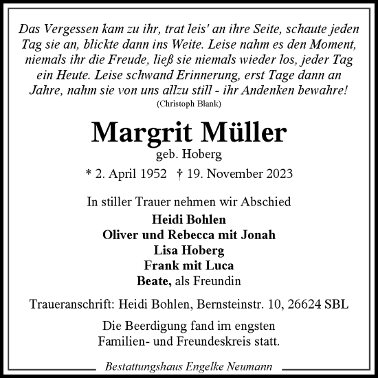 Traueranzeige von Margrit Müller von Ostfriesischer Kurier