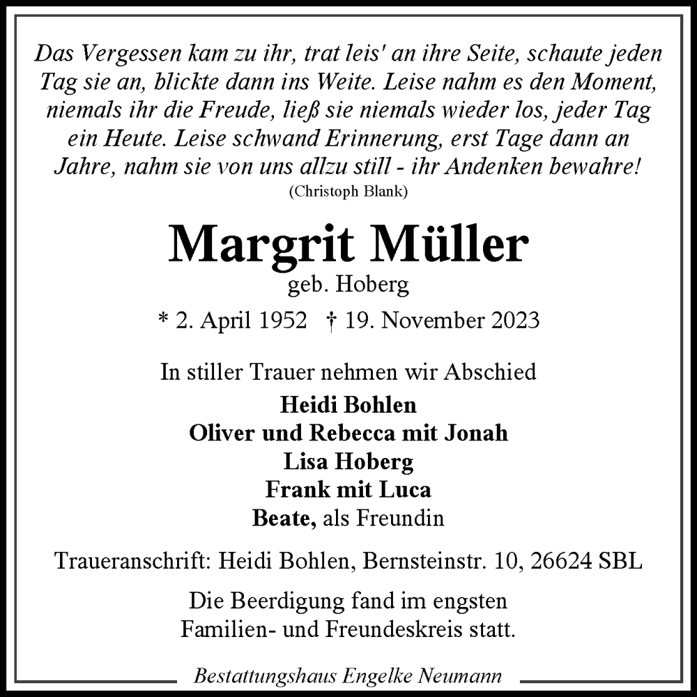  Traueranzeige für Margrit Müller vom 02.12.2023 aus Ostfriesischer Kurier