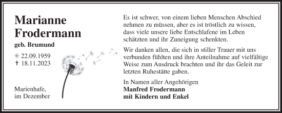 Traueranzeige von Marianne Frodermann von Ostfriesischer Kurier