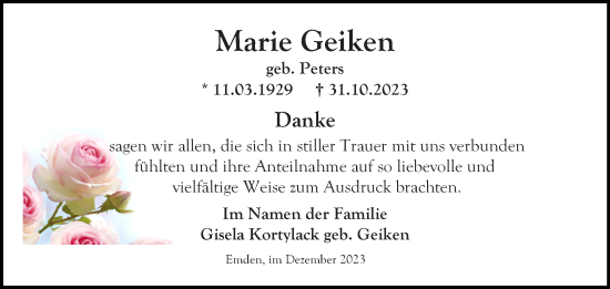 Traueranzeige von Marie Geiken von Ostfriesischer Kurier