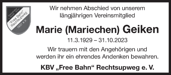 Traueranzeige von Marie Geiken von Ostfriesischer Kurier