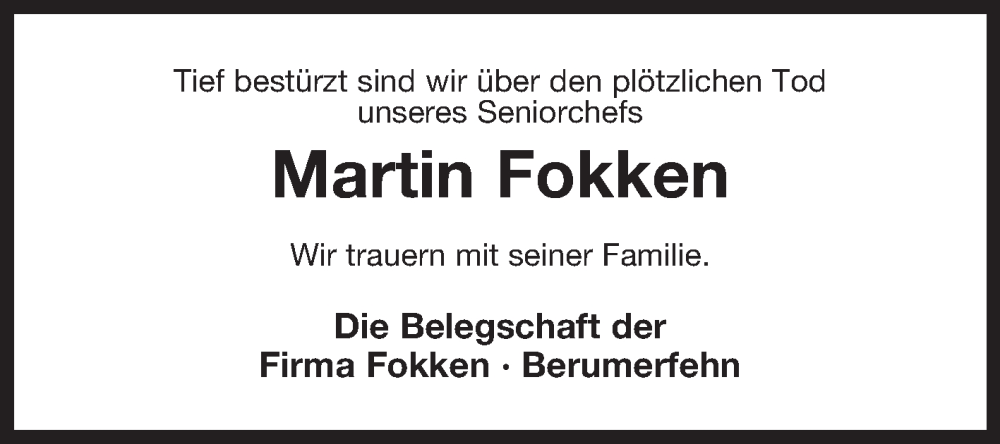  Traueranzeige für Martin Fokken vom 02.12.2023 aus Ostfriesischer Kurier