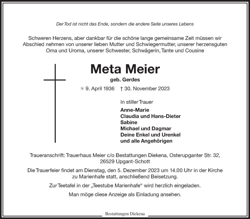  Traueranzeige für Meta Meier vom 02.12.2023 aus Ostfriesischer Kurier