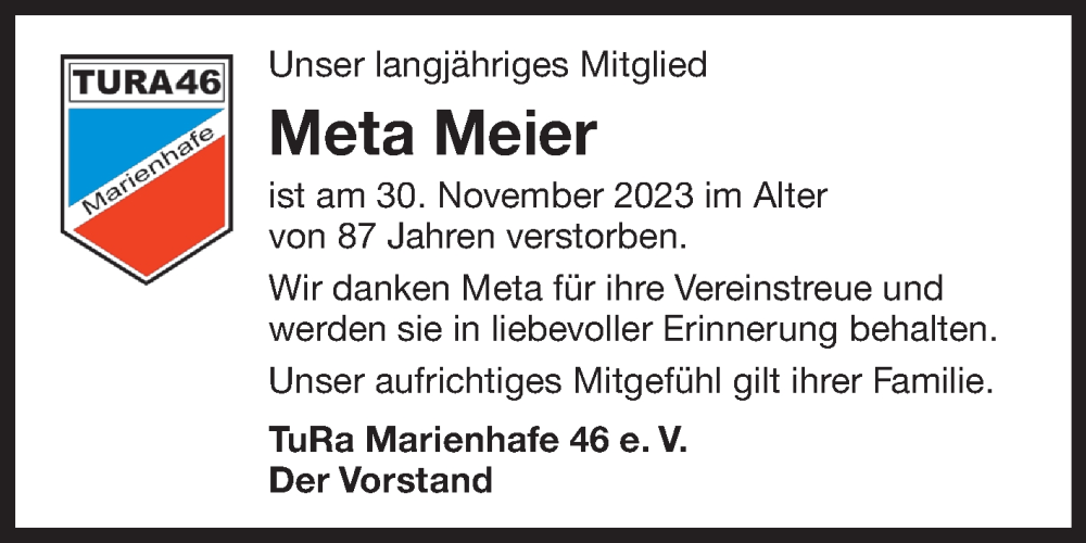  Traueranzeige für Meta Meier vom 05.12.2023 aus Ostfriesischer Kurier