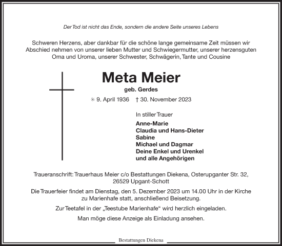 Traueranzeige von Meta Meier von Ostfriesischer Kurier