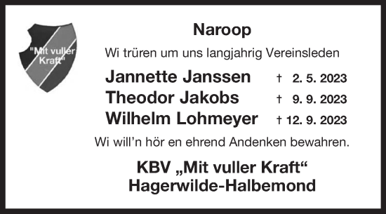 Traueranzeige von Naroop KBV Mit vuller Kraft von Ostfriesischer Kurier