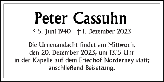 Traueranzeige von Peter Cassuhn von Ostfriesischer Kurier