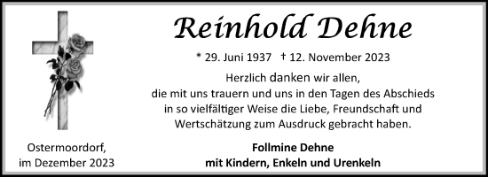 Traueranzeige von Reinhold Dehne von Ostfriesischer Kurier