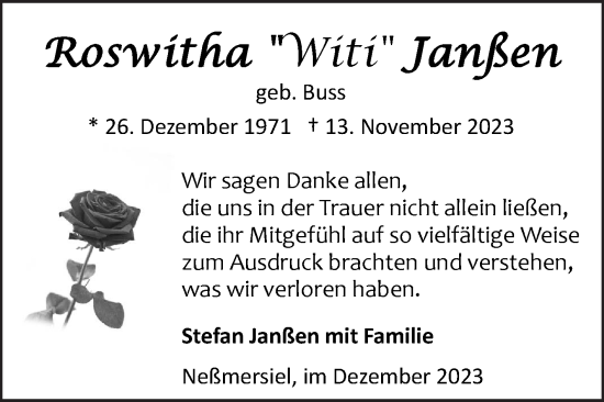 Traueranzeige von Roswitha Janßen von Ostfriesischer Kurier