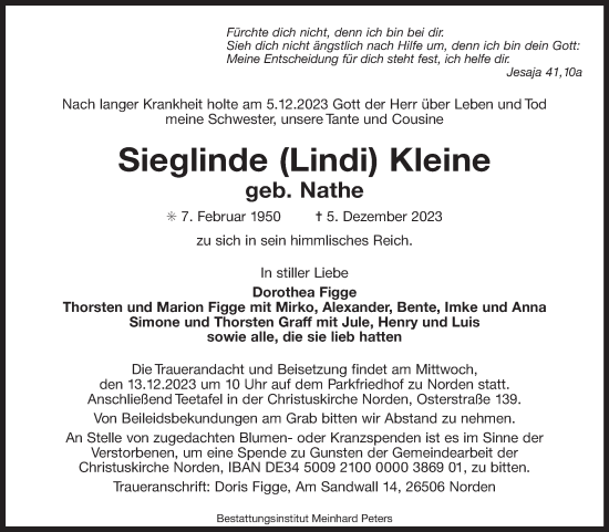 Traueranzeige von Sieglinde Kleine von Ostfriesischer Kurier