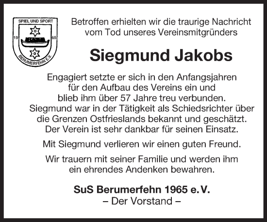 Traueranzeige von Siegmund Jakobs von Ostfriesischer Kurier