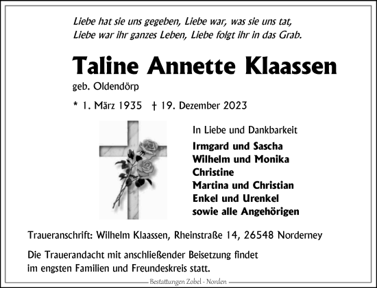 Traueranzeige von Taline Annette Klaassen von Ostfriesischer Kurier