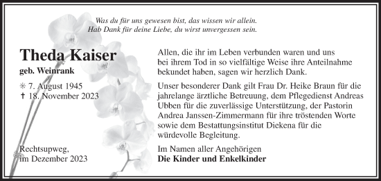 Traueranzeige von Theda Kaiser von Ostfriesischer Kurier