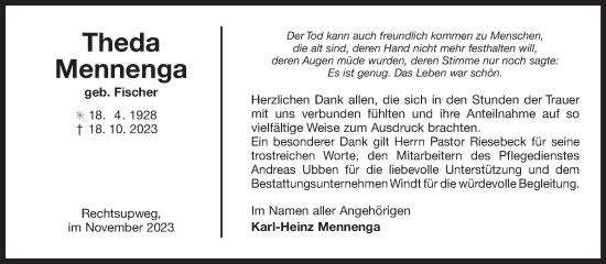 Traueranzeige von Theda Mennenga von Ostfriesischer Kurier
