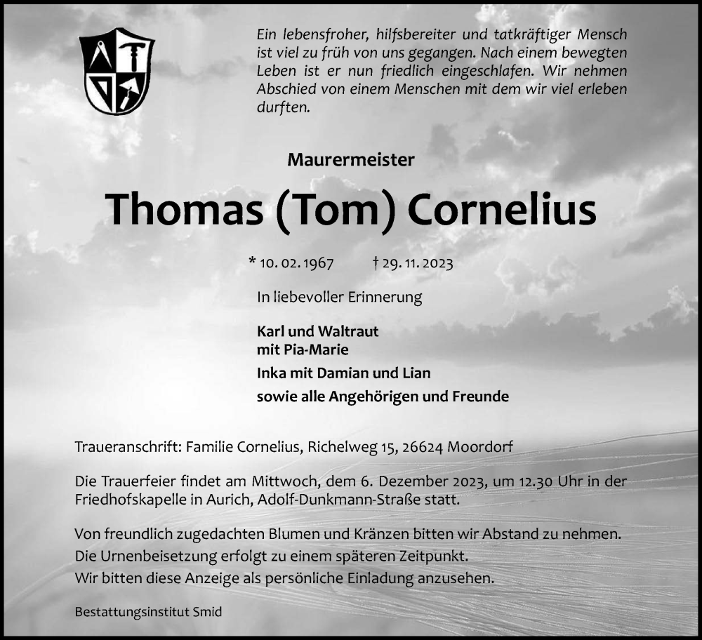  Traueranzeige für Thomas Cornelius vom 02.12.2023 aus Ostfriesischer Kurier