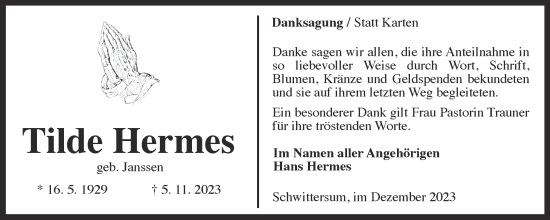 Traueranzeige von Tilde Hermes von Ostfriesischer Kurier