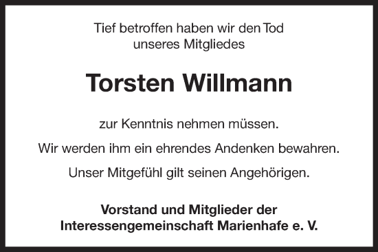 Traueranzeige von Torsten Willmann von Ostfriesischer Kurier