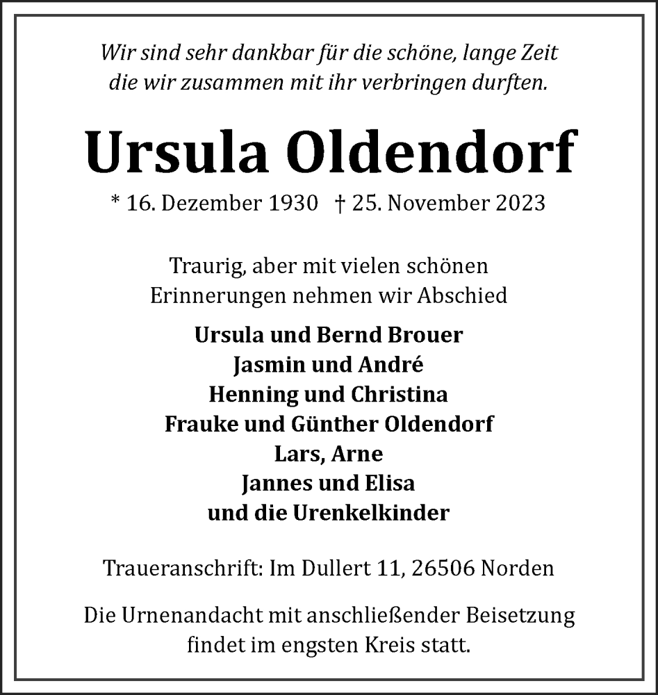  Traueranzeige für Ursula Oldendorf vom 02.12.2023 aus Ostfriesischer Kurier