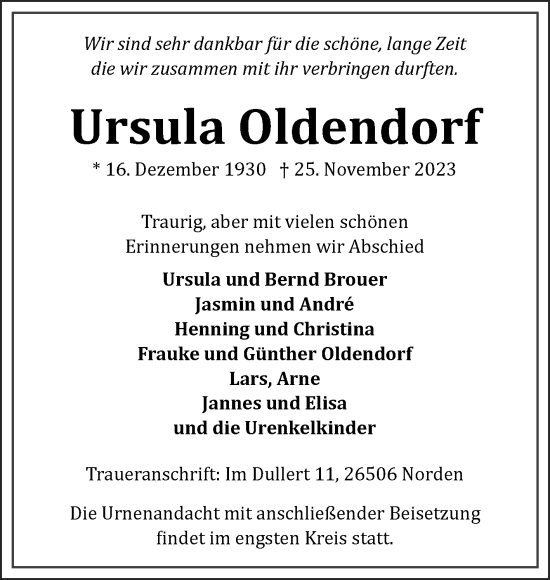Traueranzeige von Ursula Oldendorf von Ostfriesischer Kurier