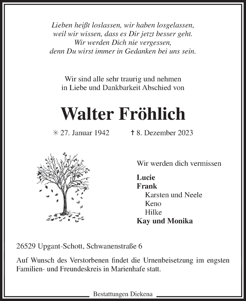  Traueranzeige für Walter Fröhlich vom 12.12.2023 aus Ostfriesischer Kurier