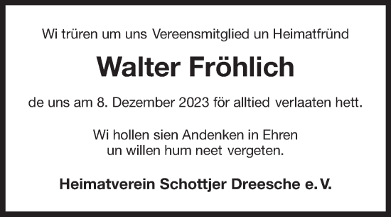 Traueranzeige von Walter Fröhlich von Ostfriesischer Kurier