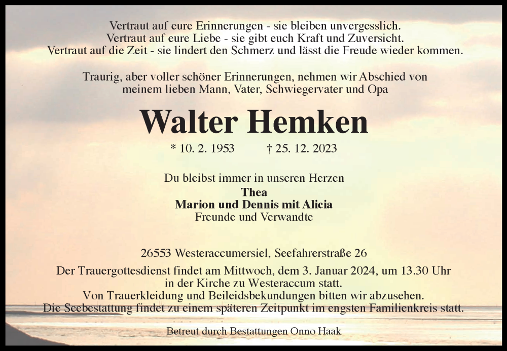  Traueranzeige für Walter Hemken vom 30.12.2023 aus Ostfriesischer Kurier