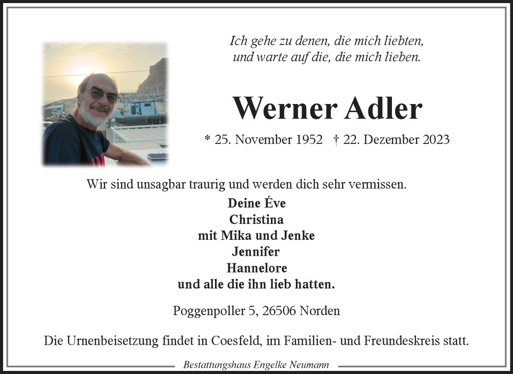  Traueranzeige für Werner Adler vom 30.12.2023 aus Ostfriesischer Kurier