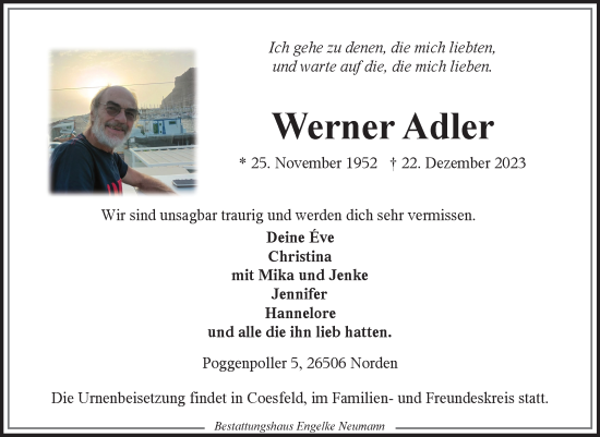 Traueranzeige von Werner Adler von Ostfriesischer Kurier