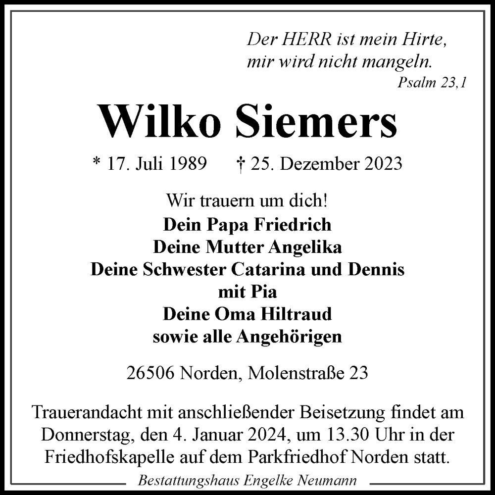  Traueranzeige für Wilko Siemers vom 30.12.2023 aus Ostfriesischer Kurier