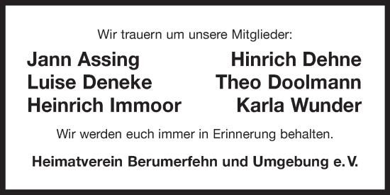 Traueranzeige von Wir trauern Heimatverein Berumerfehn und Umgebung e. V. von Ostfriesischer Kurier