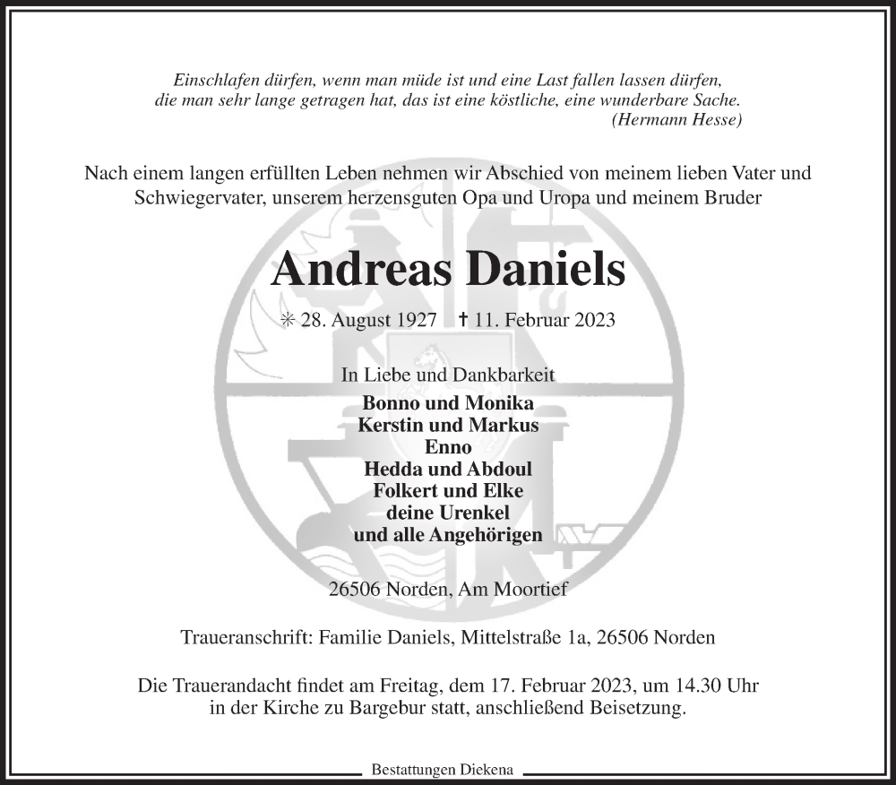  Traueranzeige für Andreas Daniels vom 14.02.2023 aus 
