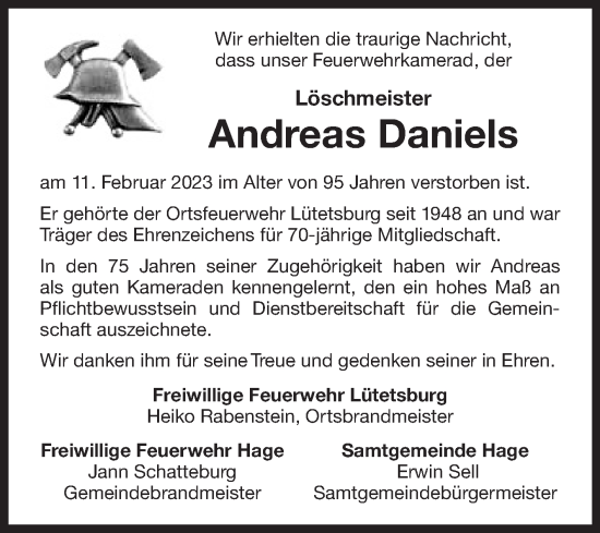 Traueranzeige von Andreas Daniels 