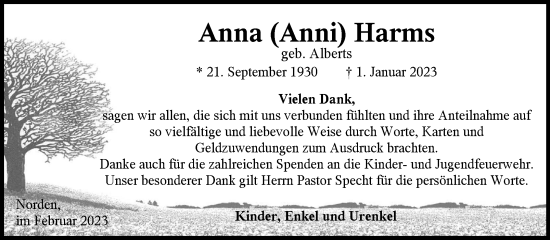 Traueranzeige von Anna Harms 