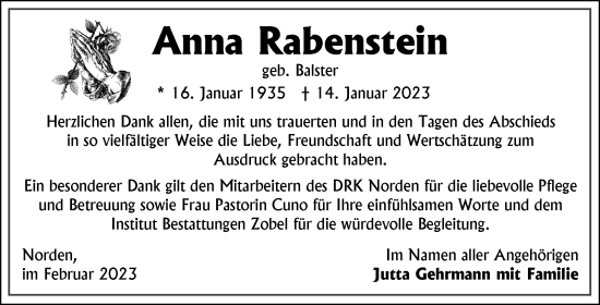 Traueranzeige von Anna Rabenstein 