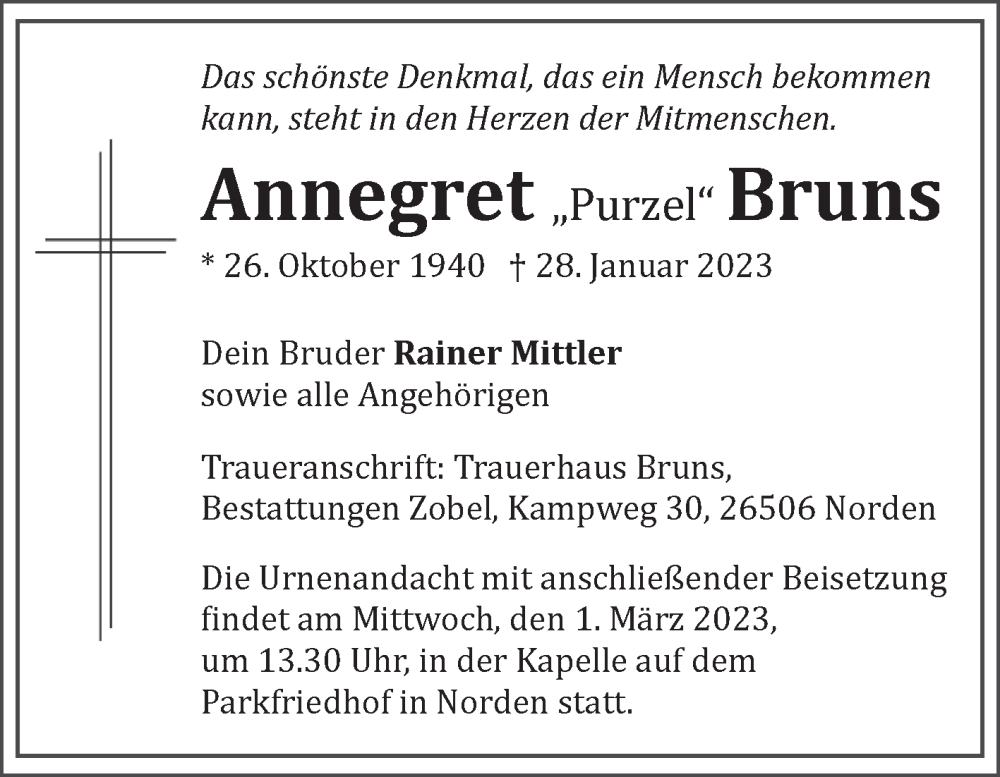  Traueranzeige für Annegret Bruns vom 22.02.2023 aus 