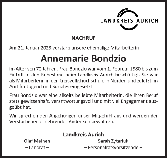 Traueranzeige von Annemarie Bondzio 