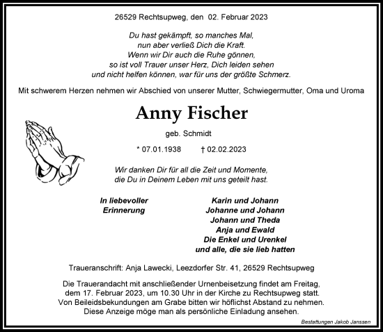 Traueranzeige von Anny Fischer 