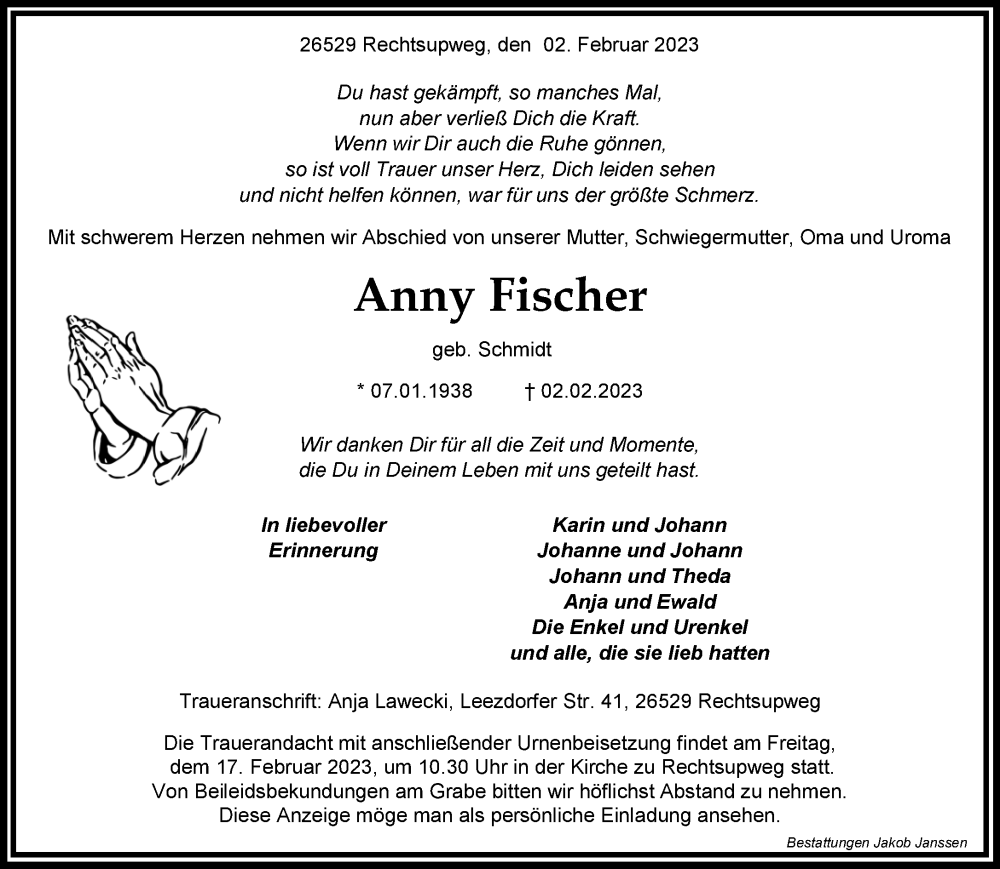  Traueranzeige für Anny Fischer vom 06.02.2023 aus 